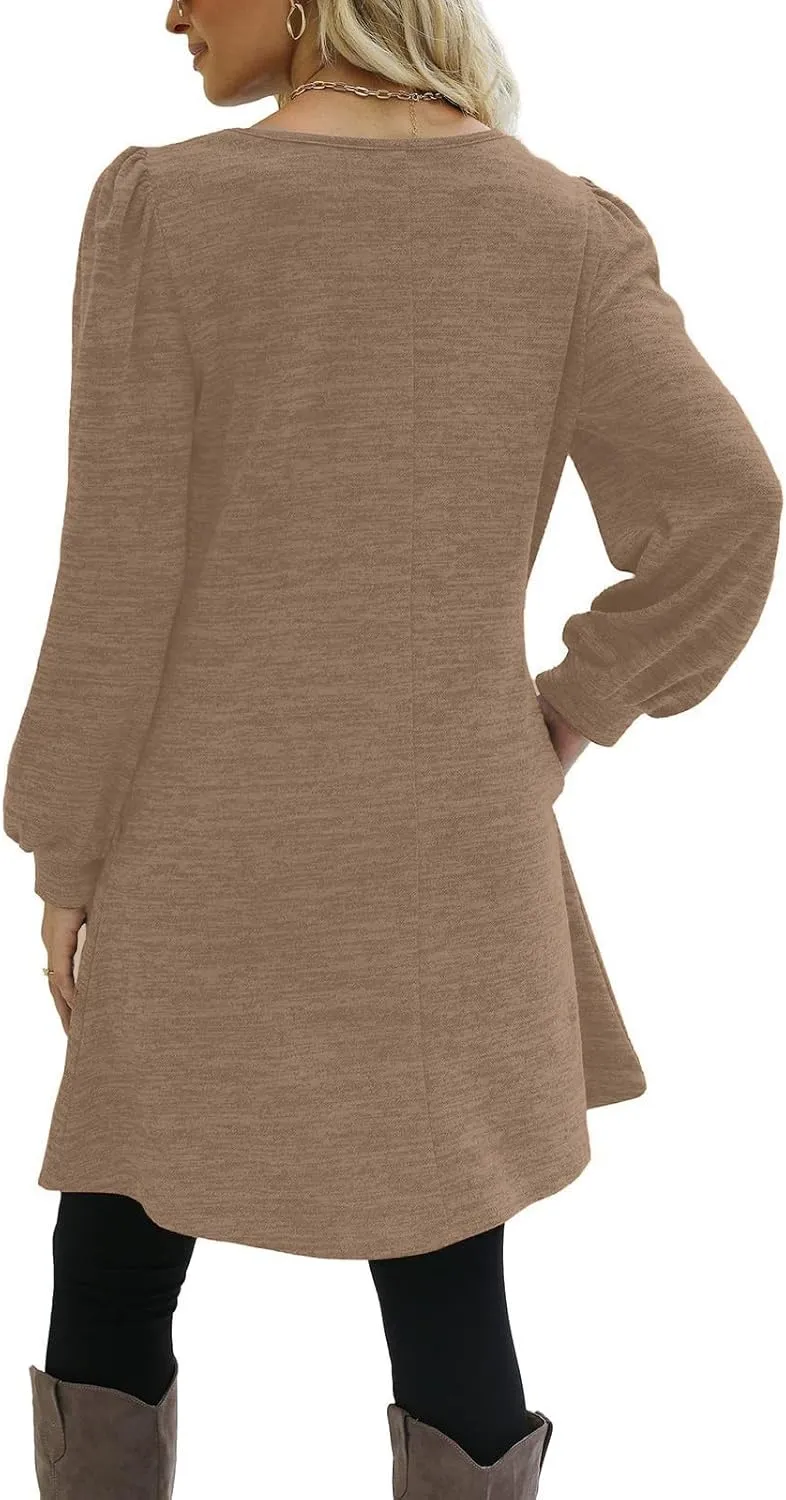Women's Fall Flowy Casual Long Sleeve Crew Neck Button Solid Wedding Guest Dress