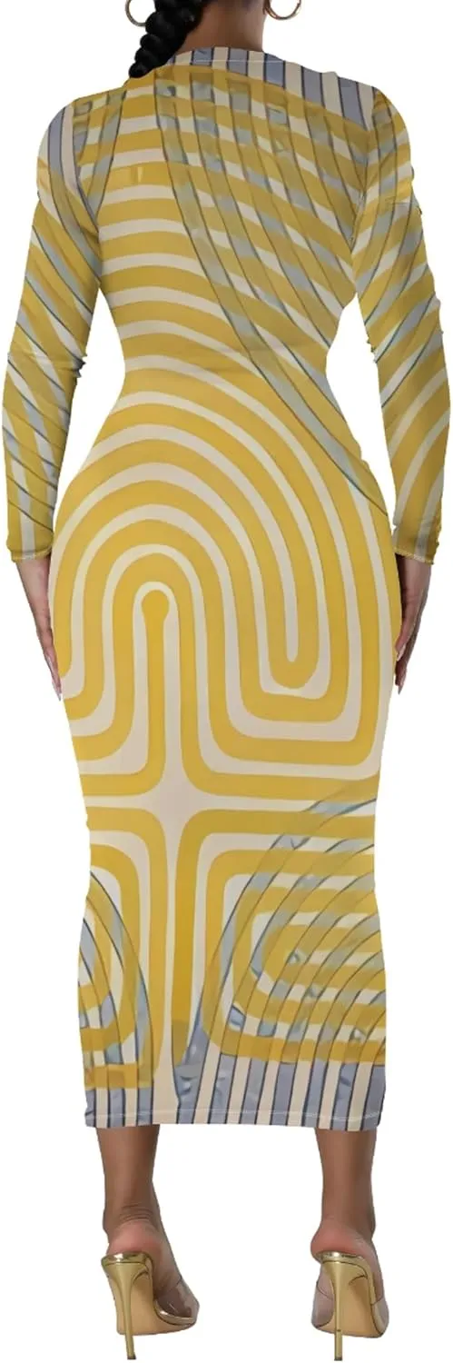 Women's Fashion Basic Pencil Bodycon Dress Casual Crewneck Long Sleeves Midi Dress Elegant Slim Cocktail Party Outfits