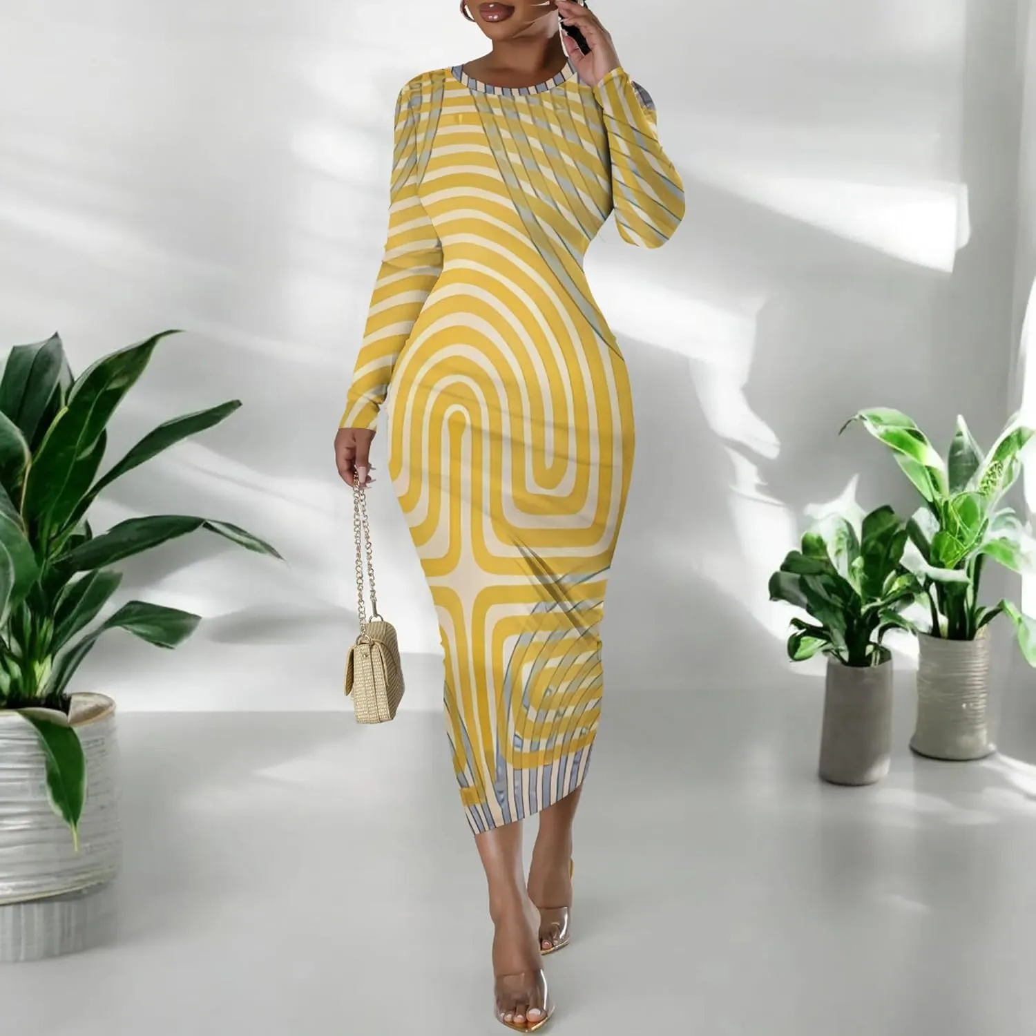 Women's Fashion Basic Pencil Bodycon Dress Casual Crewneck Long Sleeves Midi Dress Elegant Slim Cocktail Party Outfits