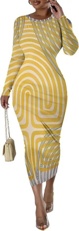 Women's Fashion Basic Pencil Bodycon Dress Casual Crewneck Long Sleeves Midi Dress Elegant Slim Cocktail Party Outfits