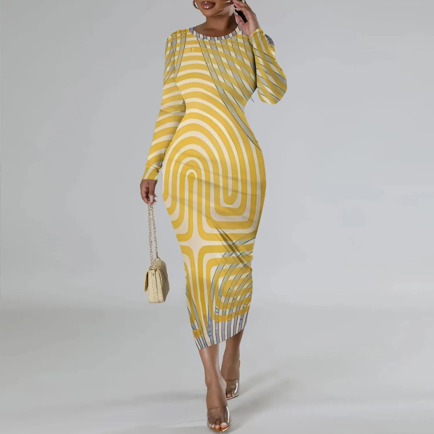 Women's Fashion Basic Pencil Bodycon Dress Casual Crewneck Long Sleeves Midi Dress Elegant Slim Cocktail Party Outfits