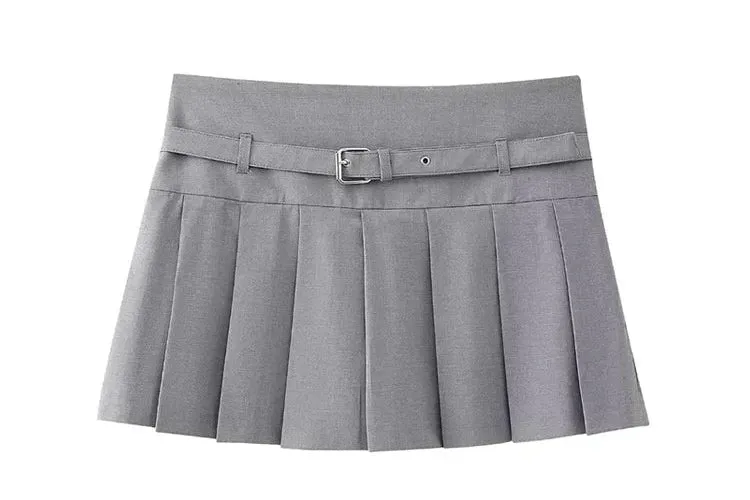 Women's Fashion Designer High-Waisted Belt Pleated Skirts (Short)