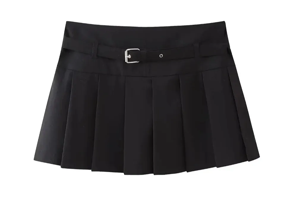Women's Fashion Designer High-Waisted Belt Pleated Skirts (Short)