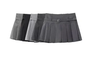 Women's Fashion Designer High-Waisted Belt Pleated Skirts (Short)