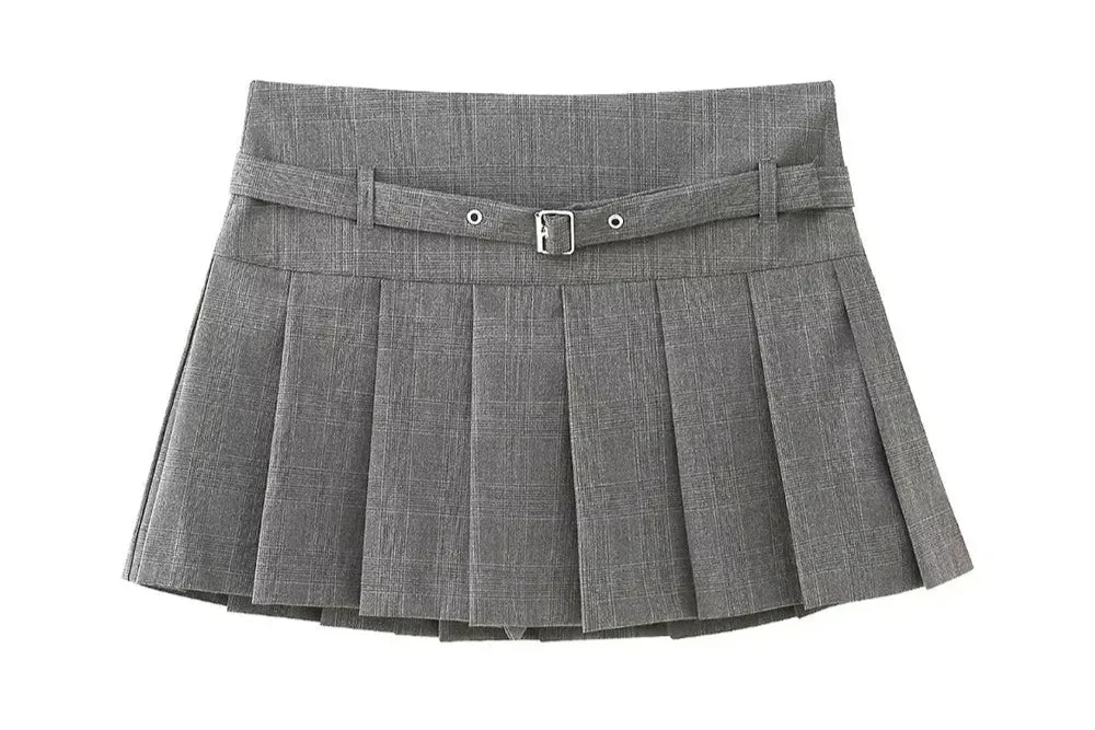 Women's Fashion Designer High-Waisted Belt Pleated Skirts (Short)
