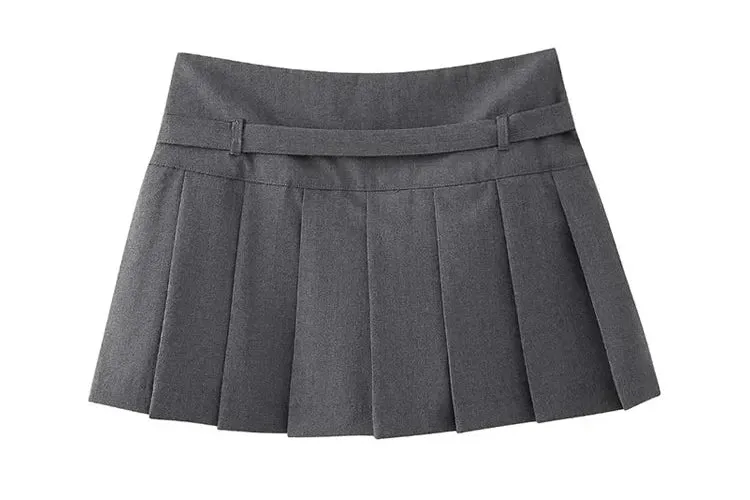 Women's Fashion Designer High-Waisted Belt Pleated Skirts (Short)