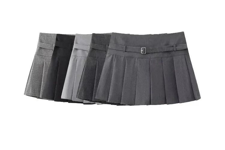 Women's Fashion Designer High-Waisted Belt Pleated Skirts (Short)