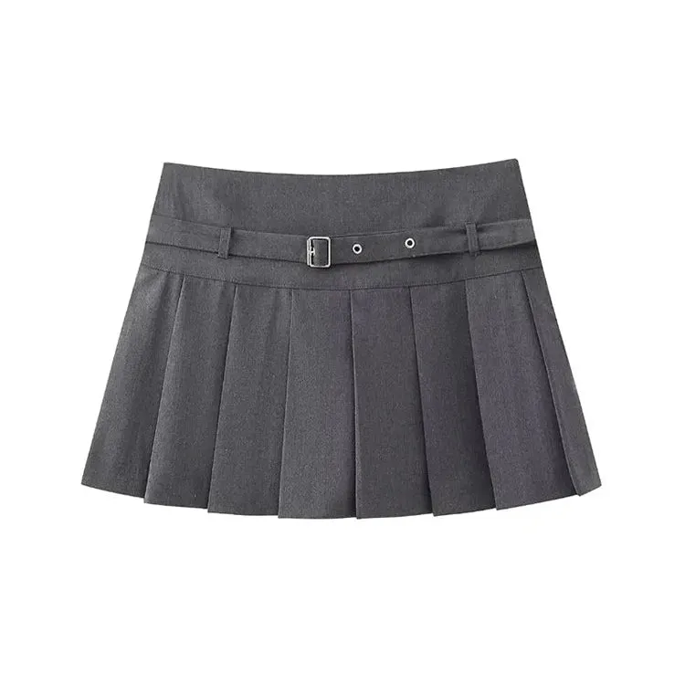Women's Fashion Designer High-Waisted Belt Pleated Skirts (Short)