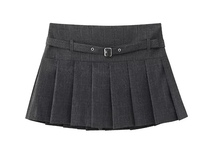 Women's Fashion Designer High-Waisted Belt Pleated Skirts (Short)