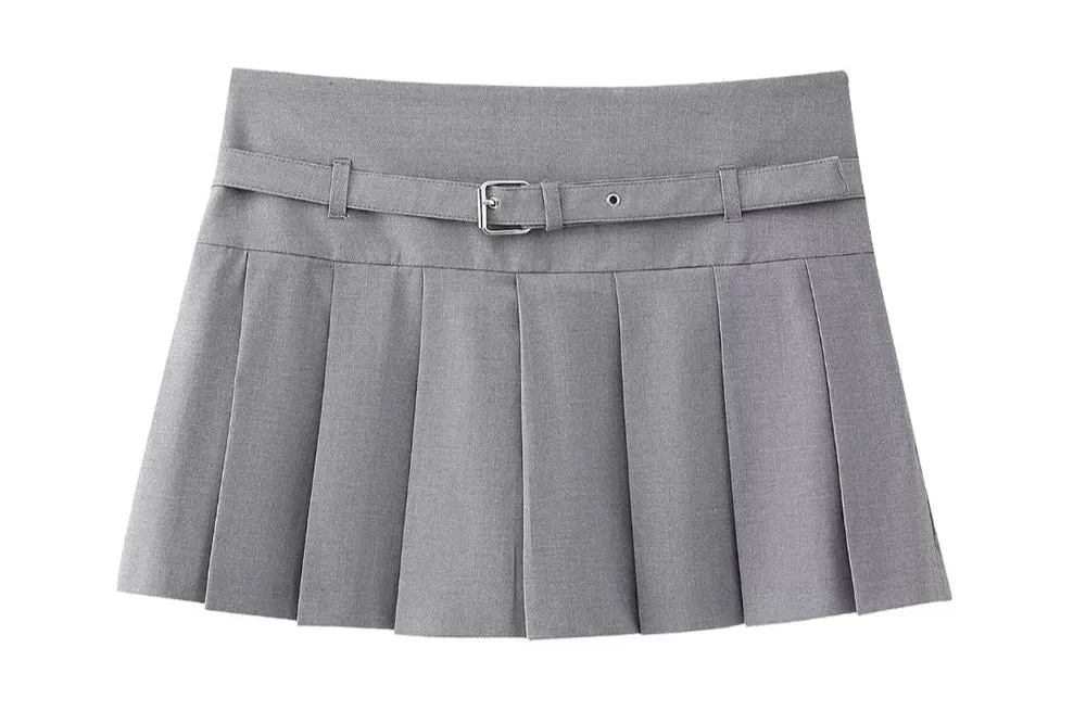 Women's Fashion Designer High-Waisted Belt Pleated Skirts (Short)