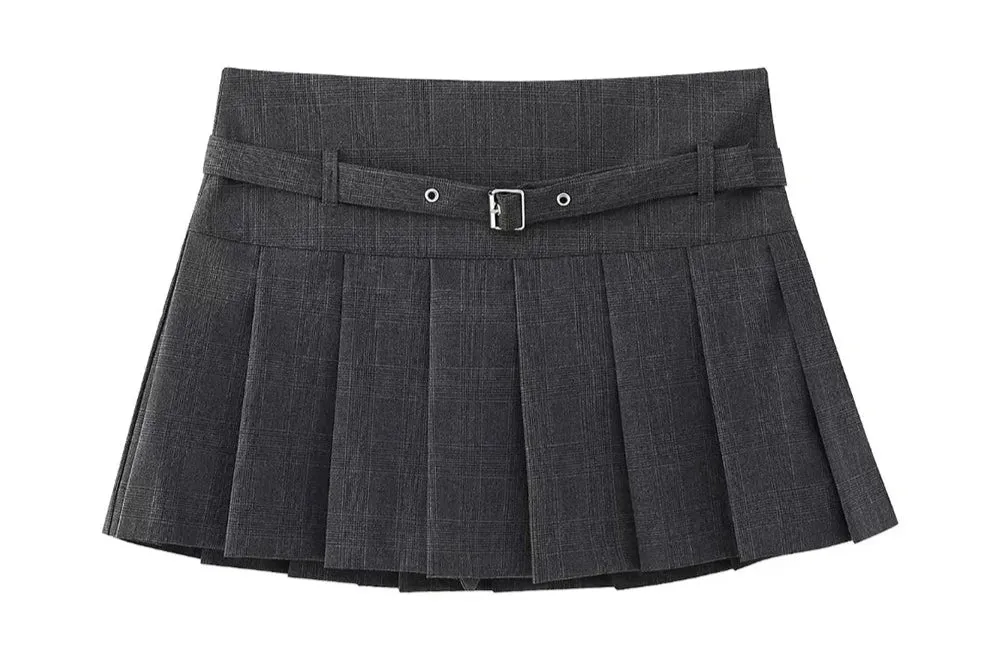 Women's Fashion Designer High-Waisted Belt Pleated Skirts (Short)