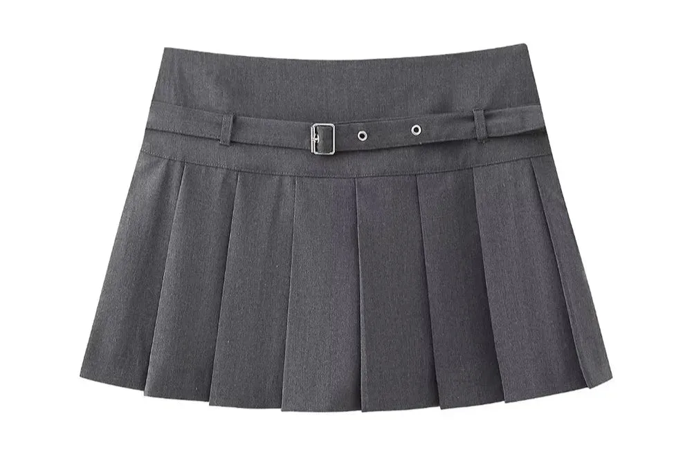 Women's Fashion Designer High-Waisted Belt Pleated Skirts (Short)