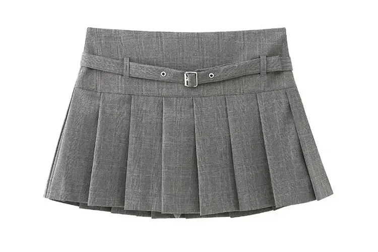 Women's Fashion Designer High-Waisted Belt Pleated Skirts (Short)