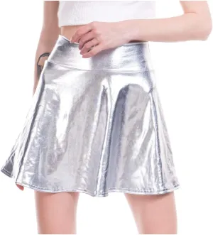 Womens Fashion Leather Skirt Casual Fashion Shiny Flared Pleated A-Line Skirt High Waist Mini Skirts for Women