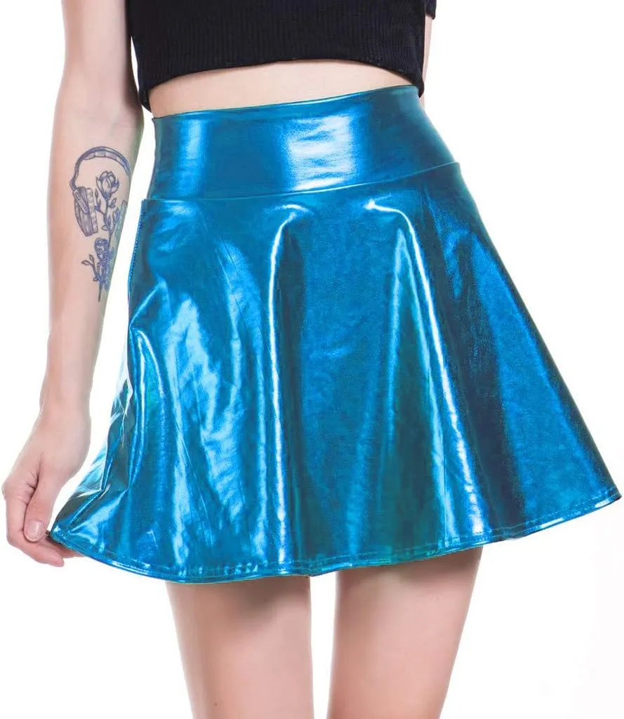 Womens Fashion Leather Skirt Casual Fashion Shiny Flared Pleated A-Line Skirt High Waist Mini Skirts for Women