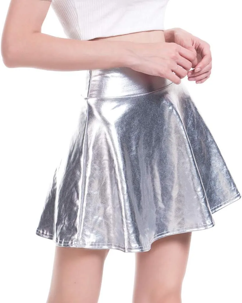 Womens Fashion Leather Skirt Casual Fashion Shiny Flared Pleated A-Line Skirt High Waist Mini Skirts for Women