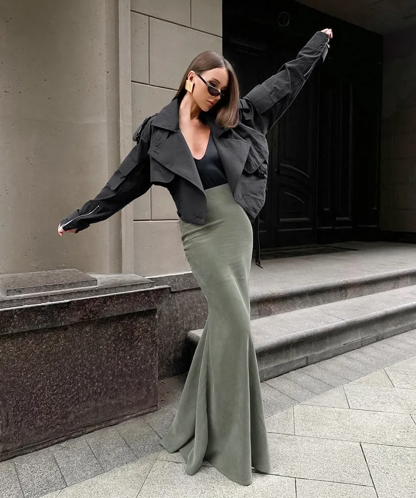 Women's Fashion Silver Fox Velvet High-Waisted Bodycon Fishtail Skirt