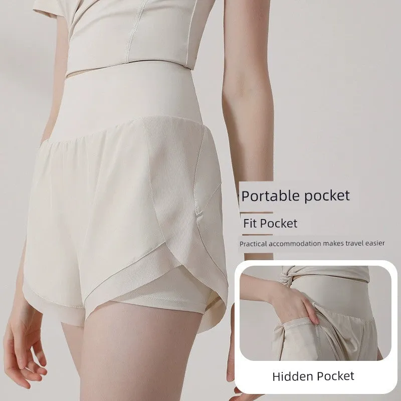 Women's Fitness Fake Two-Piece High Waist Slim Looking Sports Shorts