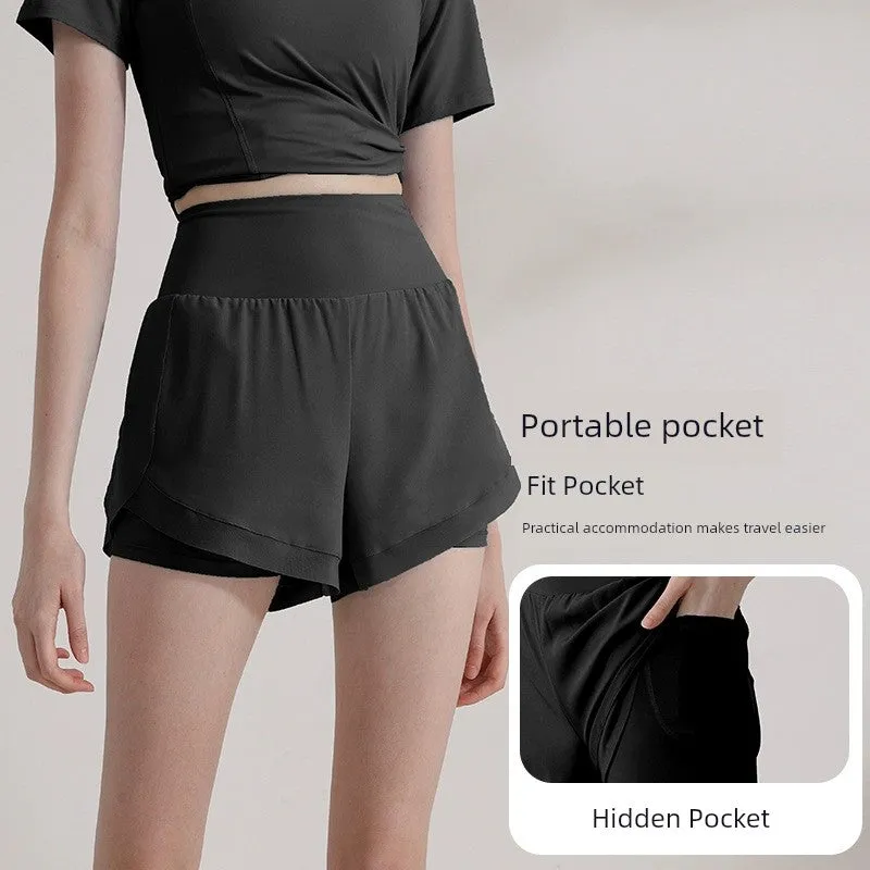 Women's Fitness Fake Two-Piece High Waist Slim Looking Sports Shorts