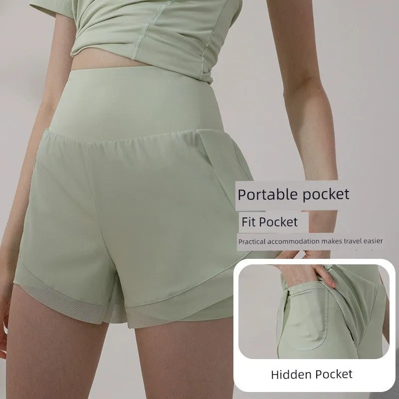 Women's Fitness Fake Two-Piece High Waist Slim Looking Sports Shorts