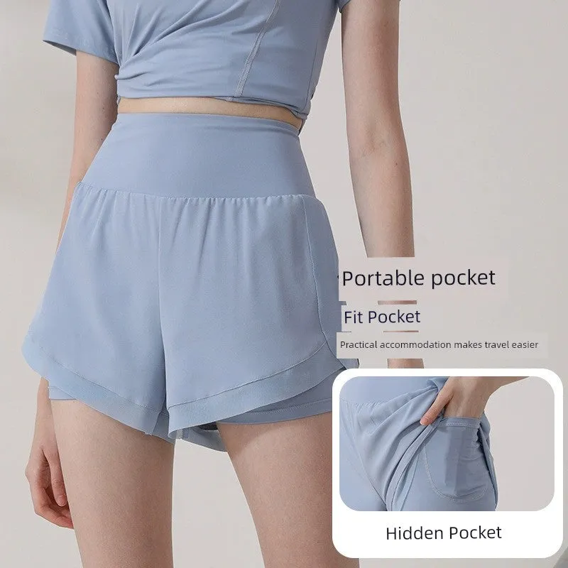 Women's Fitness Fake Two-Piece High Waist Slim Looking Sports Shorts