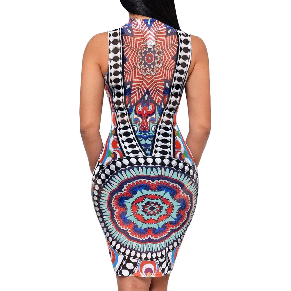Women's Fitting Sleevless Vintage Dress With Stand Collar