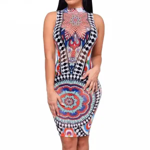 Women's Fitting Sleevless Vintage Dress With Stand Collar