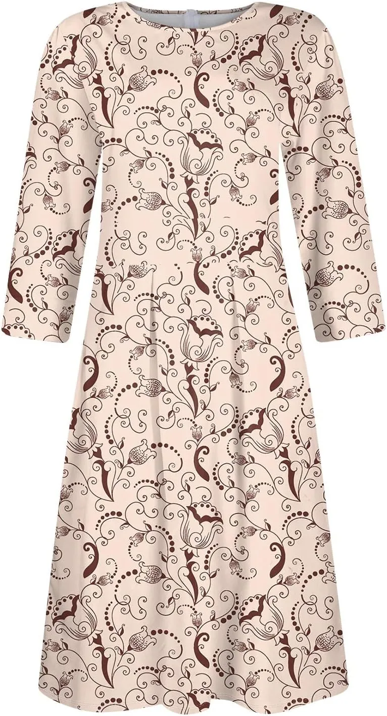 Women's Floral Print A-Line Midi Dress with 3/4 Sleeves Elegant Casual Wear for Spring and Summer Outings