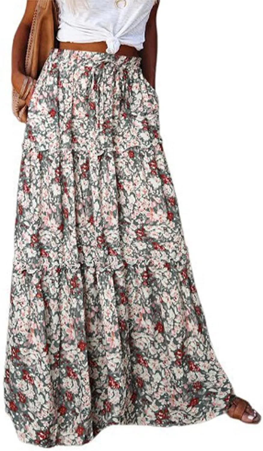 Womens Floral Print A-Line Skirt Elastic Waist Boho Skirts Casual Western Tulle Skirt Flowy Pleated Bohemian Skirt
