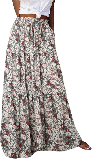 Womens Floral Print A-Line Skirt Elastic Waist Boho Skirts Casual Western Tulle Skirt Flowy Pleated Bohemian Skirt