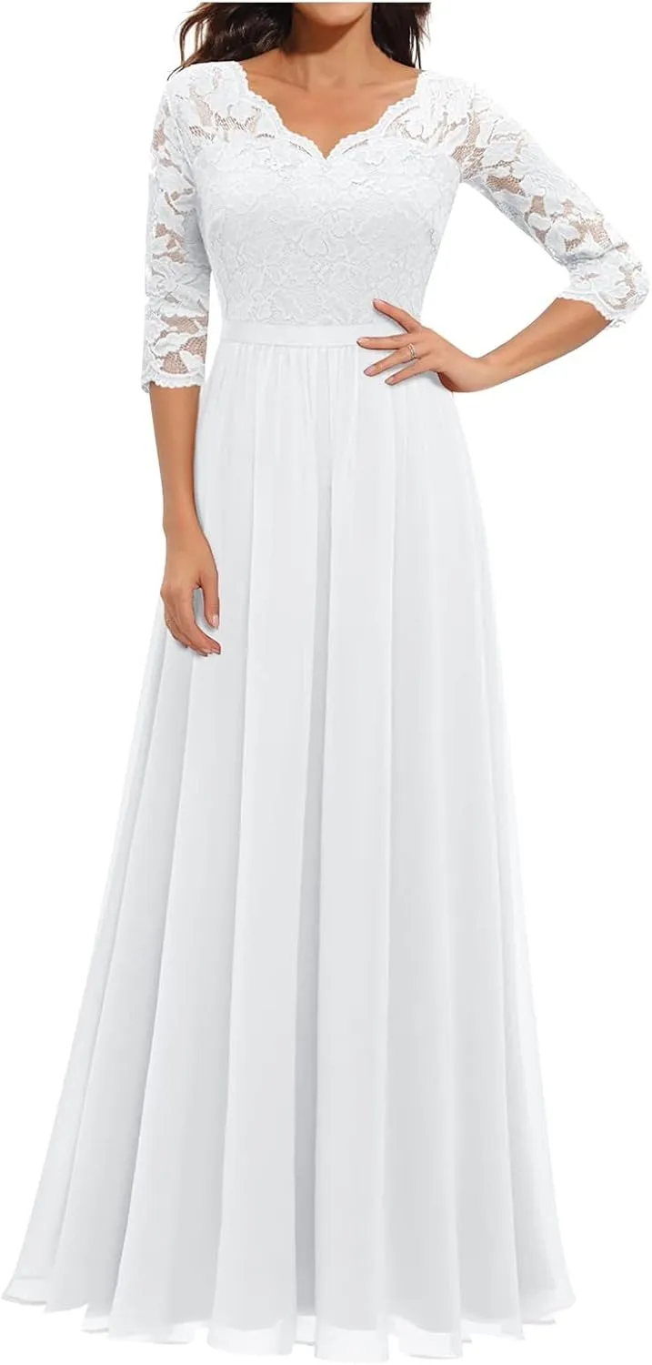 Women's Formal Wedding Guest Dress Fall Casual Flowy V-Neck Lace Maxi Dresses