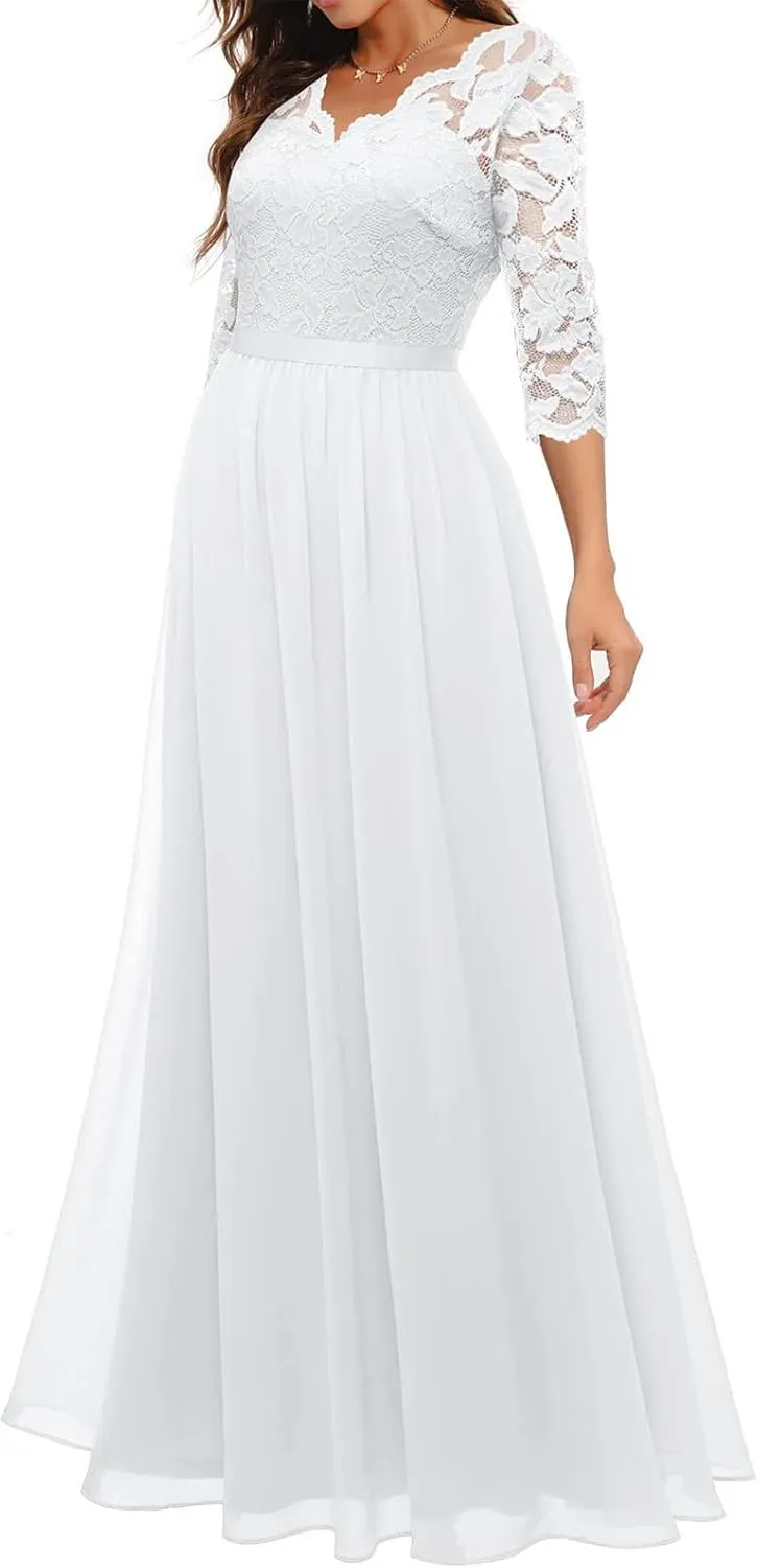 Women's Formal Wedding Guest Dress Fall Casual Flowy V-Neck Lace Maxi Dresses