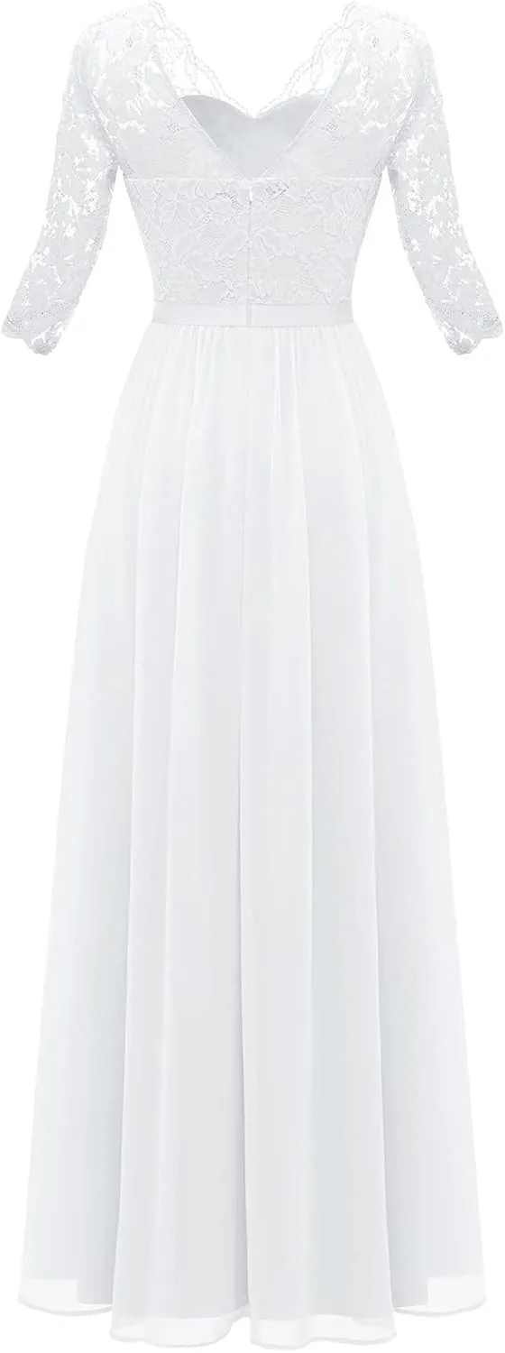 Women's Formal Wedding Guest Dress Fall Casual Flowy V-Neck Lace Maxi Dresses