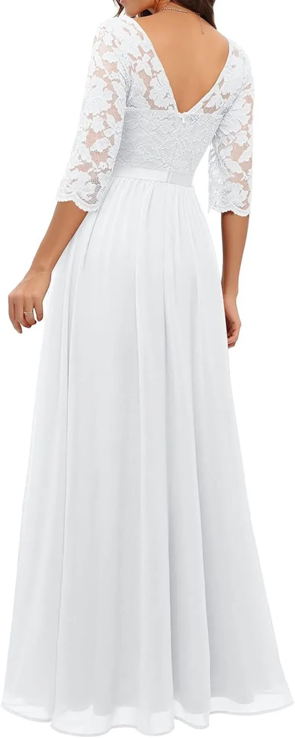 Women's Formal Wedding Guest Dress Fall Casual Flowy V-Neck Lace Maxi Dresses