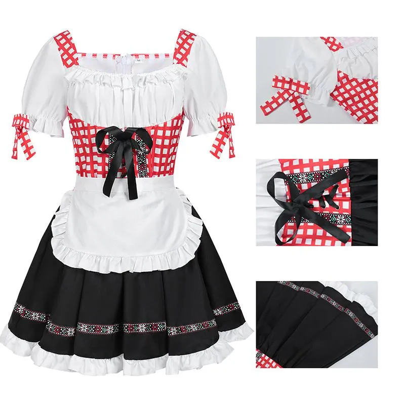 Womens German Beer Dirndl Dresses Oktoberfest Costume with Plaid Bavarian Carnival Outfits