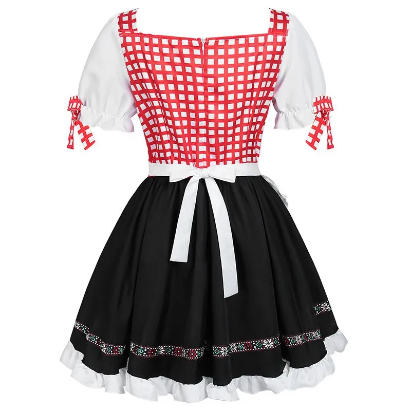 Womens German Beer Dirndl Dresses Oktoberfest Costume with Plaid Bavarian Carnival Outfits