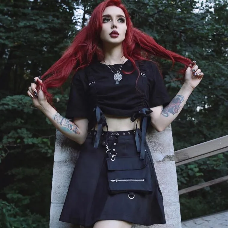 Women's Gothic A-line Skirts With Detachable Eyelets Belt&Pocket