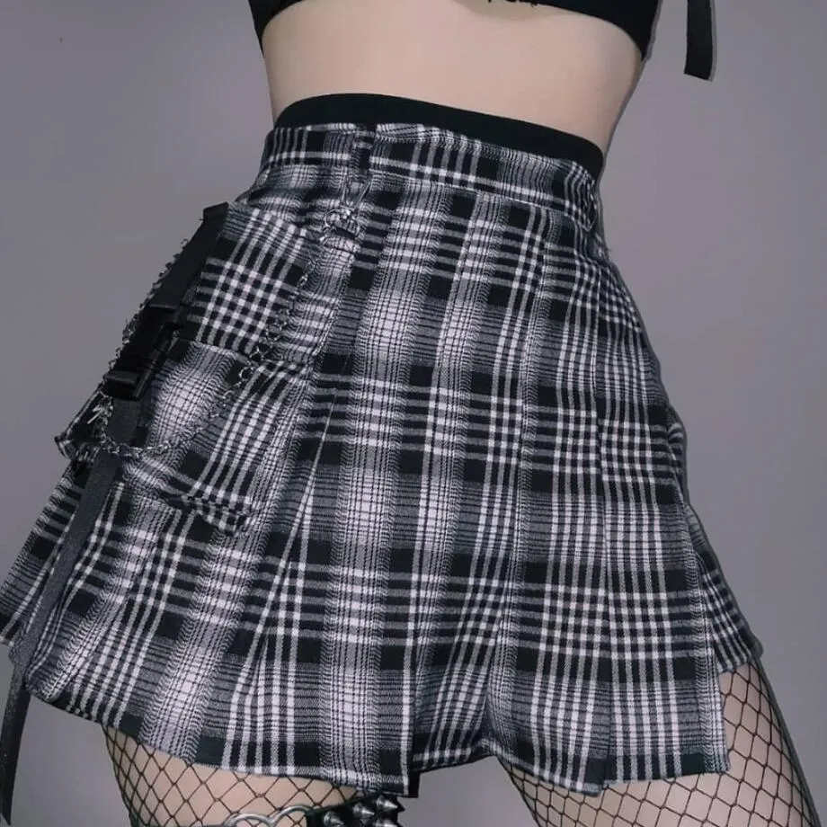Women's Gothic Chain Plaid Pleated Skirts With Pocket
