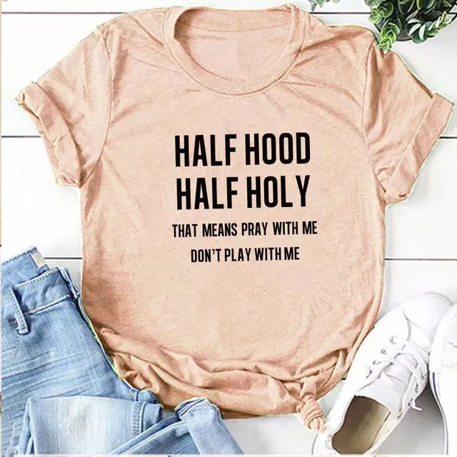 Womens Half Hood Half Holy Print Summer T-Shirts
