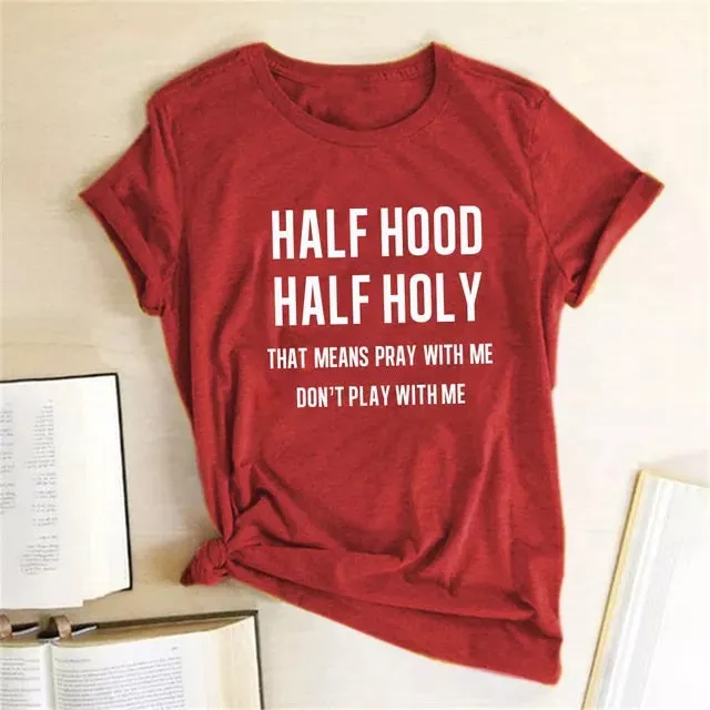 Womens Half Hood Half Holy Print Summer T-Shirts