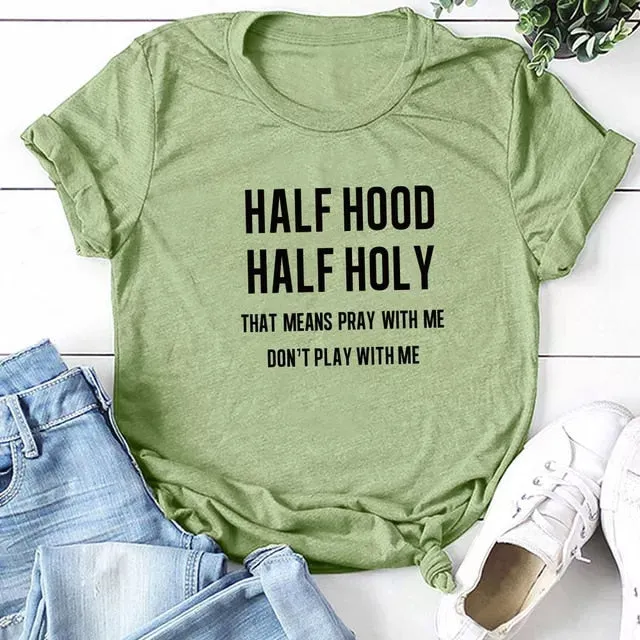 Womens Half Hood Half Holy Print Summer T-Shirts