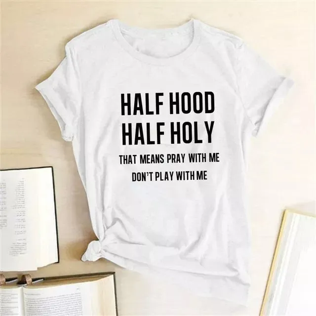 Womens Half Hood Half Holy Print Summer T-Shirts