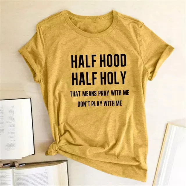Womens Half Hood Half Holy Print Summer T-Shirts