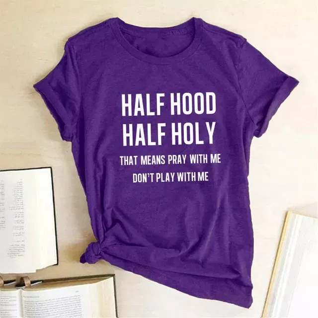 Womens Half Hood Half Holy Print Summer T-Shirts