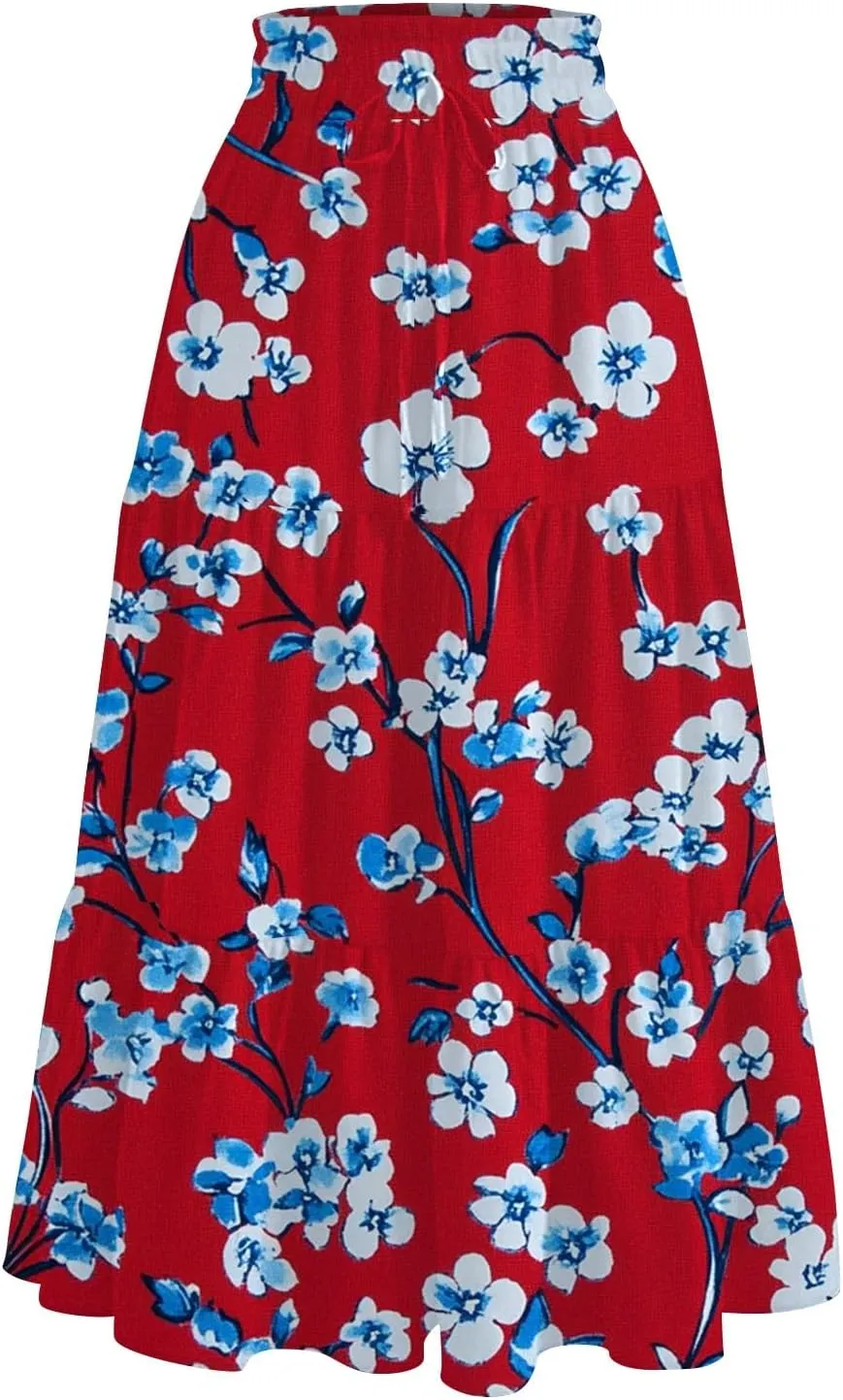 Women's Hawaiian Dresses Midi Skirts High Waisted Pleated A-Line Swing Skirts Summer Floral Long Dresses, S-2XL