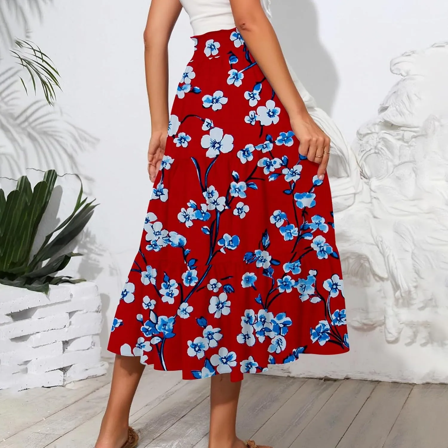 Women's Hawaiian Dresses Midi Skirts High Waisted Pleated A-Line Swing Skirts Summer Floral Long Dresses, S-2XL