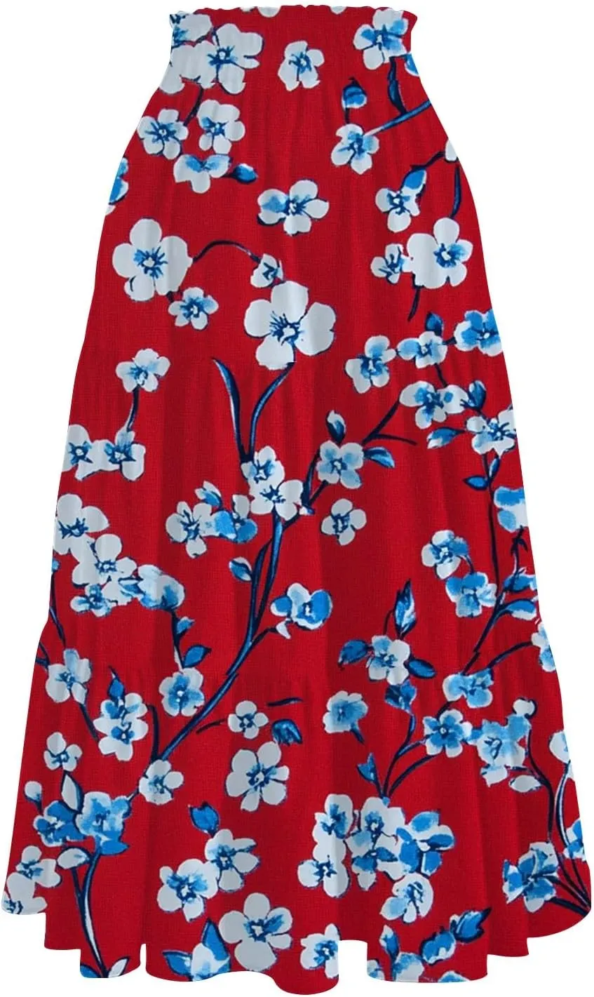 Women's Hawaiian Dresses Midi Skirts High Waisted Pleated A-Line Swing Skirts Summer Floral Long Dresses, S-2XL