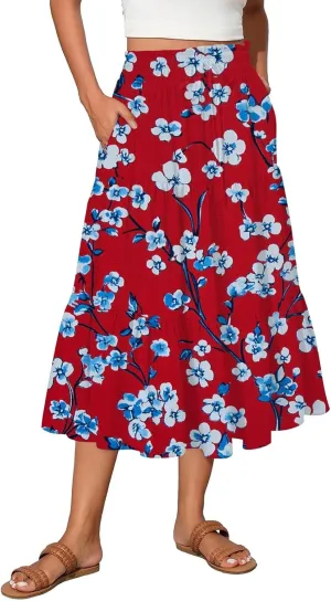 Women's Hawaiian Dresses Midi Skirts High Waisted Pleated A-Line Swing Skirts Summer Floral Long Dresses, S-2XL