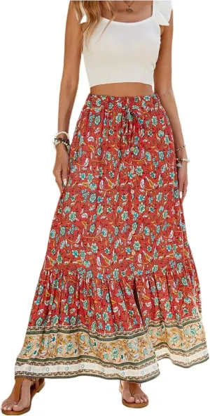 Women's High Waist A Line Maxi Skirts Floral Printed Tiered Ruffle Pleated Skirt Beach Vacation Long Skorts