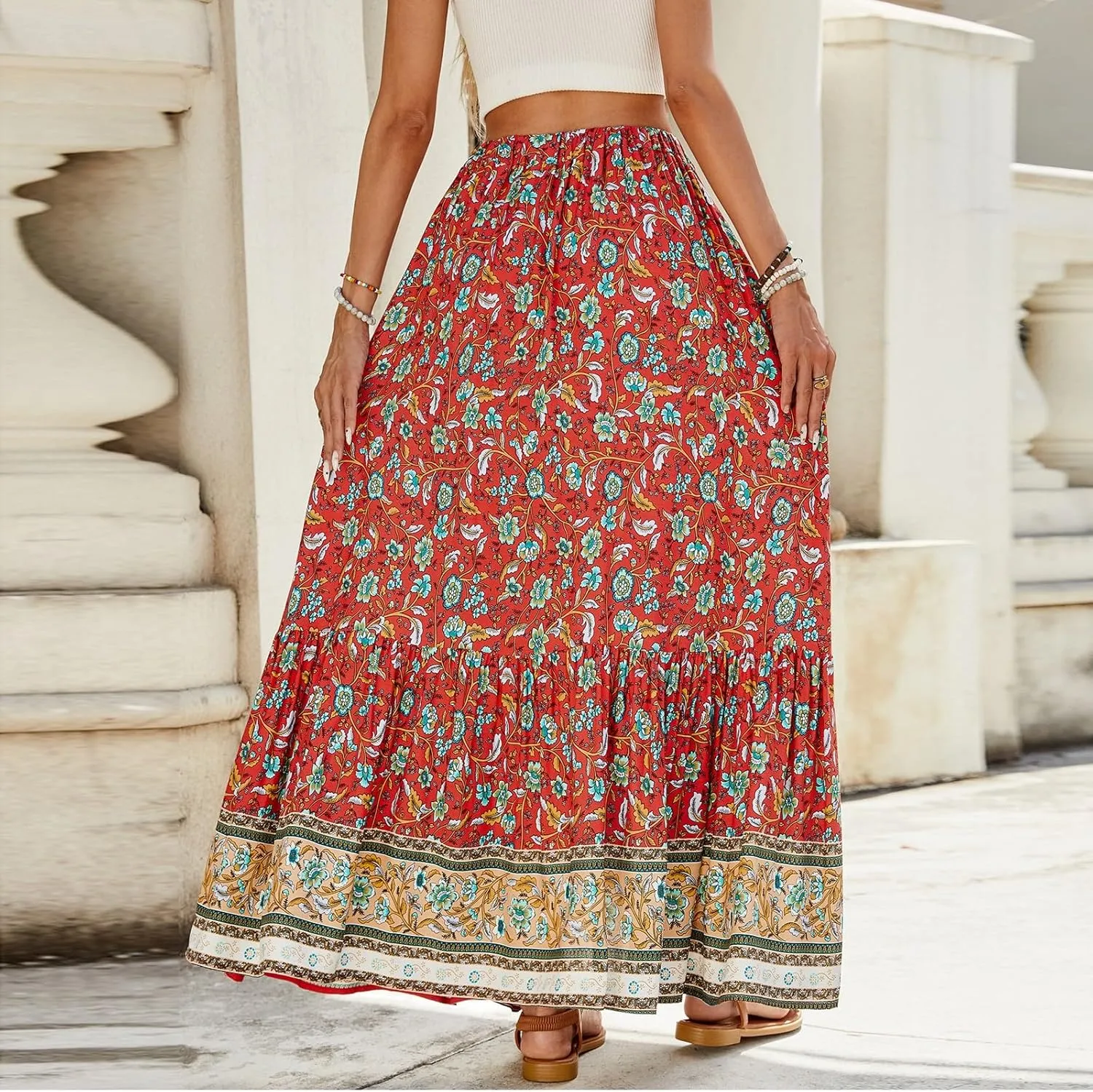 Women's High Waist A Line Maxi Skirts Floral Printed Tiered Ruffle Pleated Skirt Beach Vacation Long Skorts